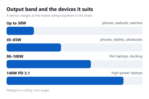 Chart mapping four charger output bands to the classes of device each one suits