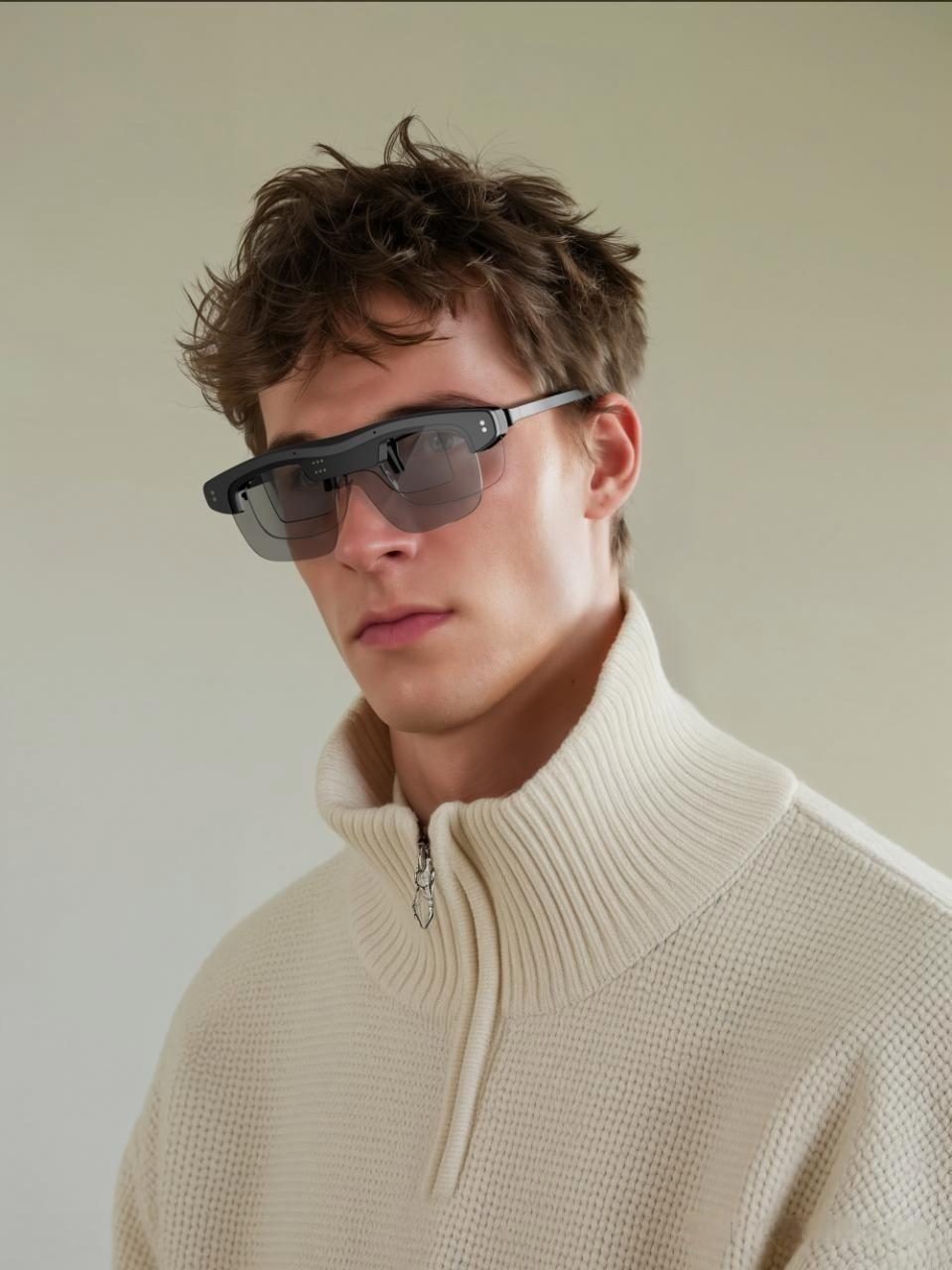 A person wearing a slim pair of smart glasses