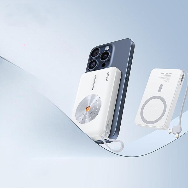 A magnetic power bank attached to a smartphone on a neutral background