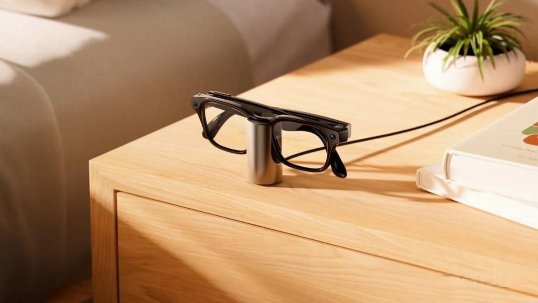 Smart glasses resting on a small charging stand on a sideboard