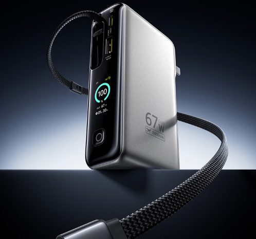 A power bank standing upright with a digital display showing remaining capacity