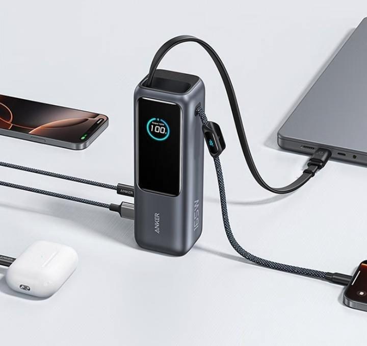 A power bank with a status display charging several devices on a desk