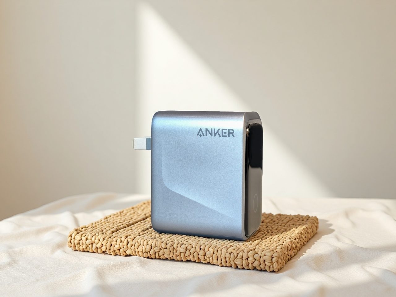 A compact travel charger on a plain mat beside its folded pins