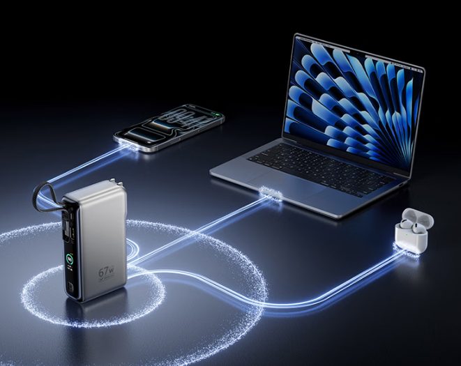 A high-output power bank charging a laptop and a phone