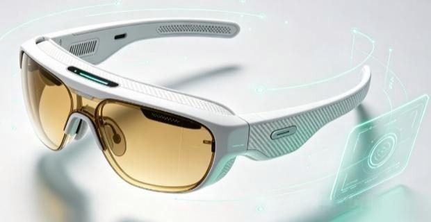 A rimless pair of smart glasses photographed from the front