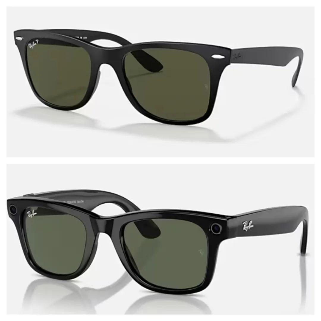 A conventional Wayfarer sunglass frame next to its camera-equipped equivalent