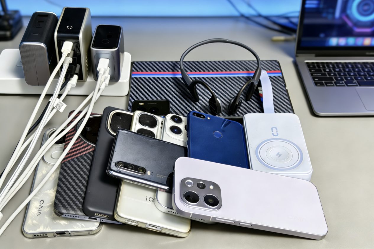 Several devices and charging cables gathered around a single compact charger